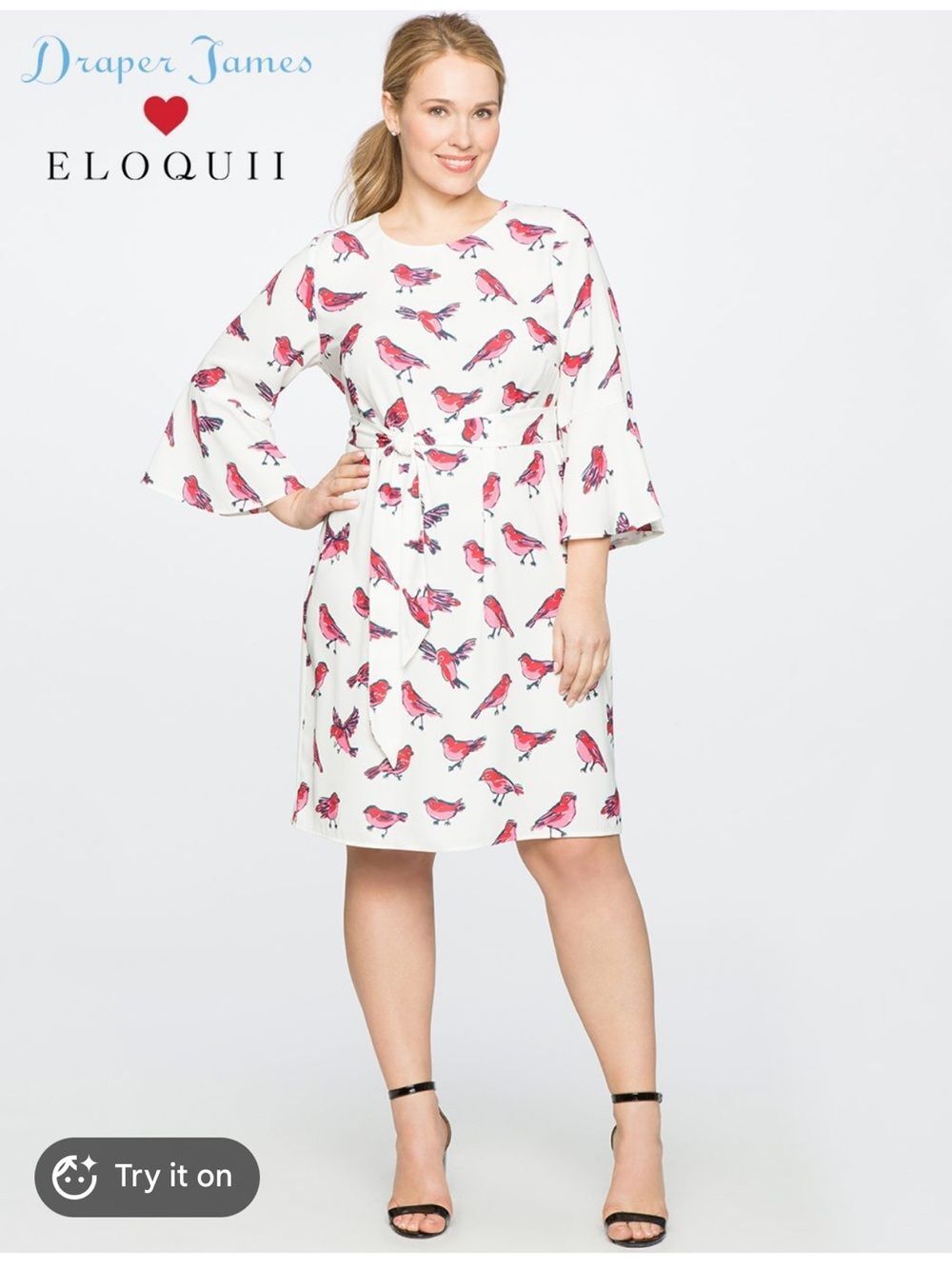Draper James x Eloquii Bird Print Bell Sleeve Dress 22 Cottagecore Whimsical